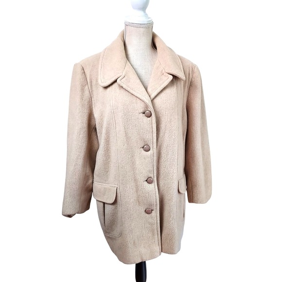 Herman Kay Wool Blend Coat Womens Size 14 Beige Button Front Mid Length - Picture 1 of 10